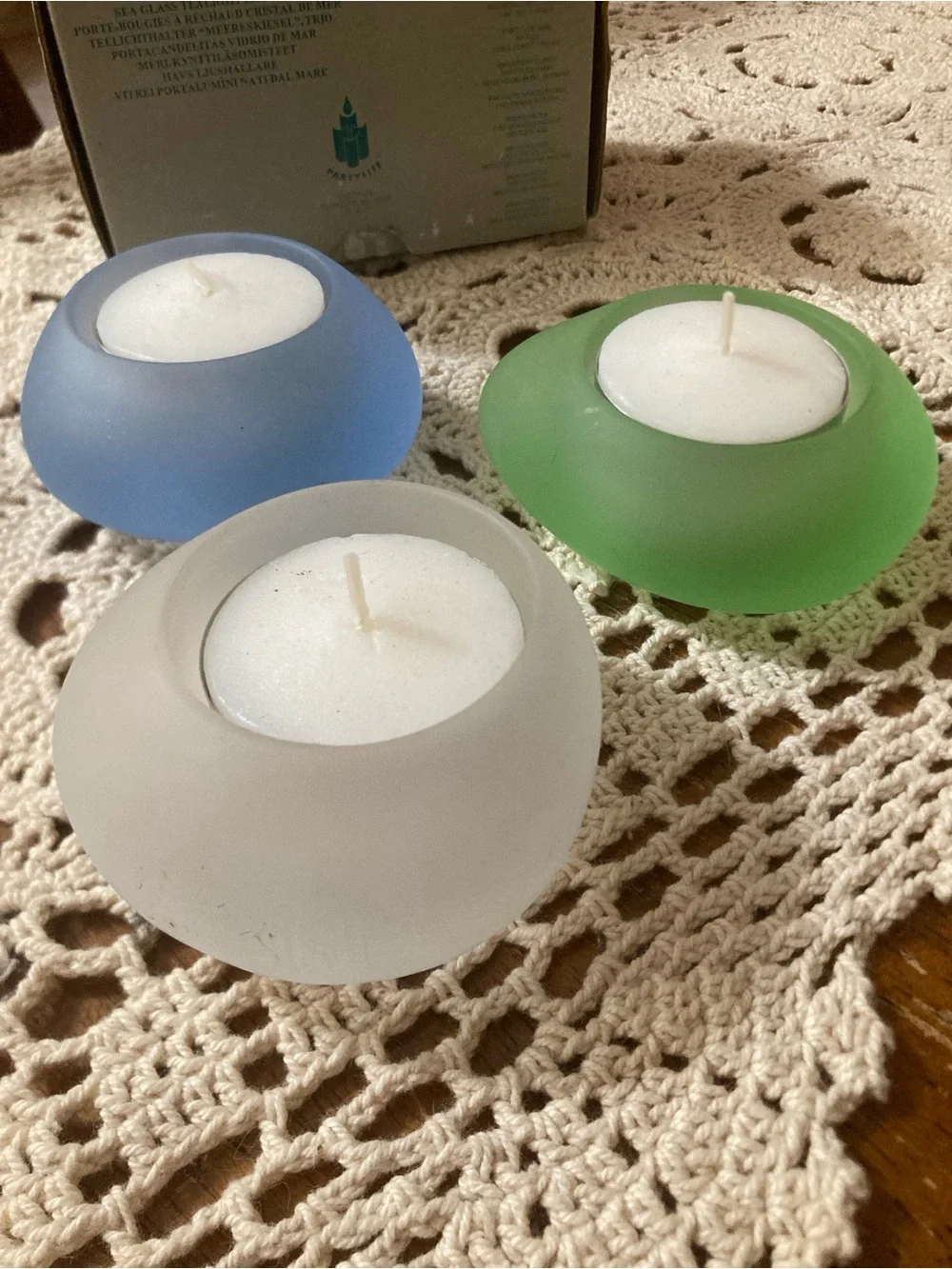 PartyLite Frosted sea glass Tea Light Holders in Blue, Green, and White